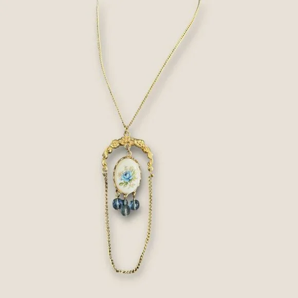 Vintage Gold Floral Porcelain Pendant Necklace With Blue Beads & Chain Accents - Picture 2 of 5